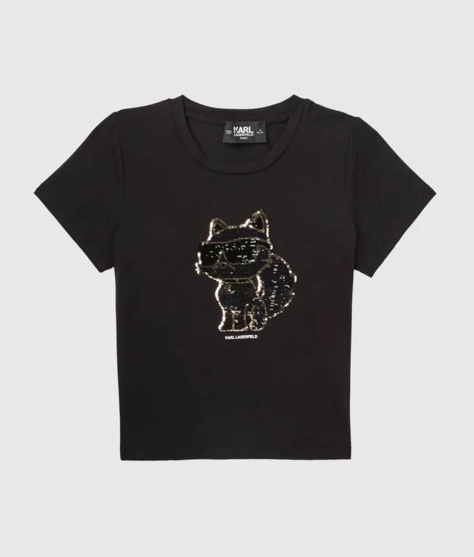Jenters T-skjorte med paljetter og Ikon Choupette-motiv