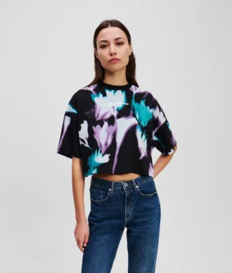 KORT T-SKJORTE MED BLOMSTERTRYKK